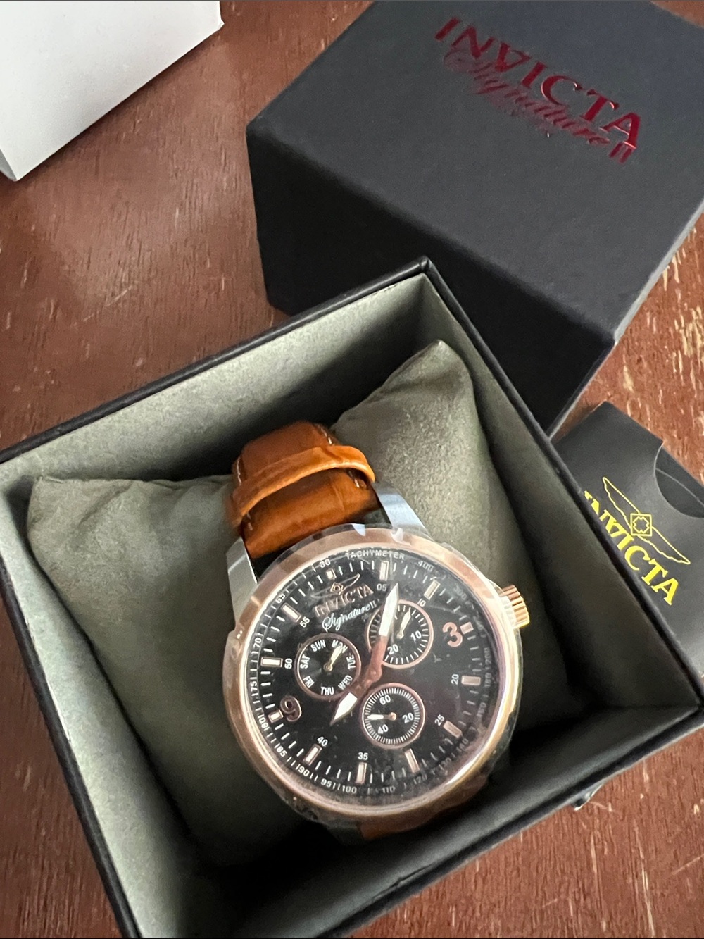Invicta Men's Black Dial Watch with Brown Leather Strap and Gold-Tone Bezel